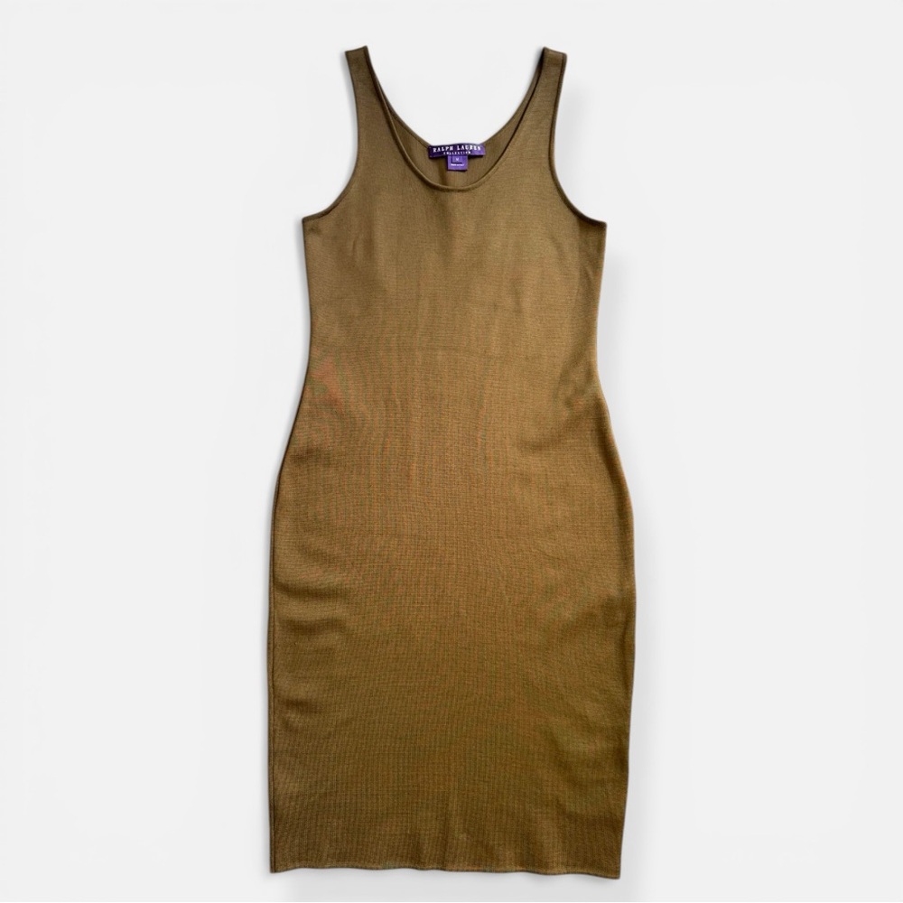 Olive Green Silk Blend Dress Sleeveless Sculpted Minimalist Midi M